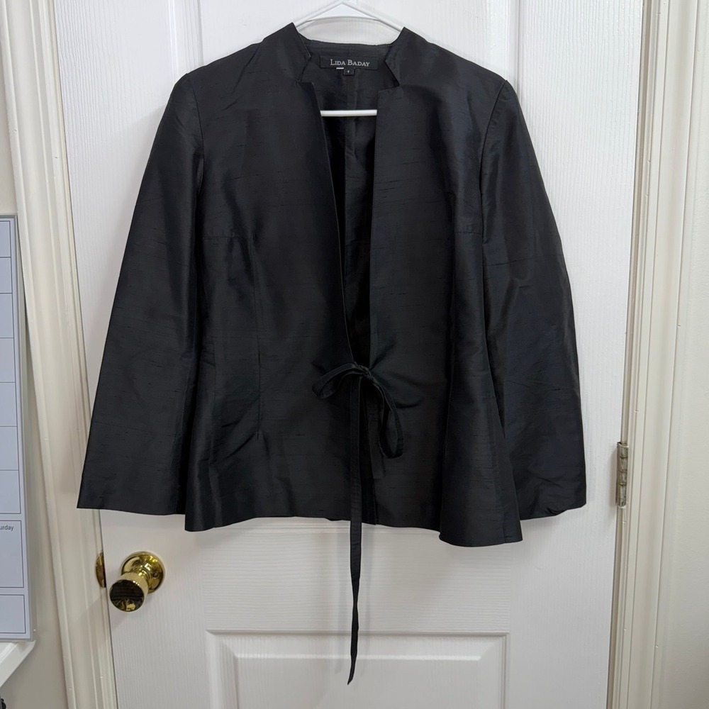 Vintage Lida Baday solid black silk blend open front tie long sleeve jacket 4